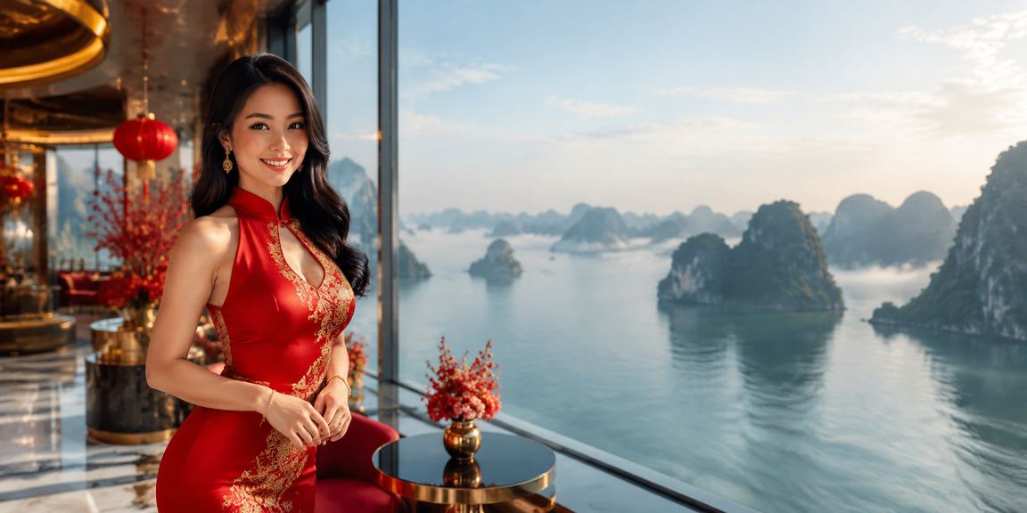 Khung cảnh lễ hội với ánh sáng vàng lung linh tại vịnh Hạ Long
